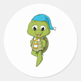 the turtle with the hat and scarf is ready for win classic round sticker
