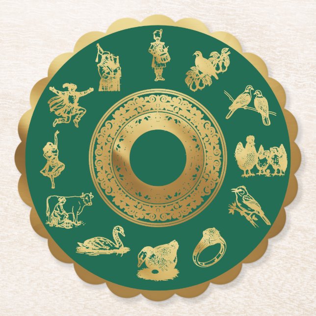 The Twelve Days of Christmas Green Paper Coaster (Front)