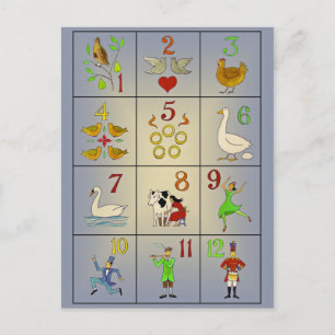 The Twelve Days of Christmas Song Poster Holiday Postcard
