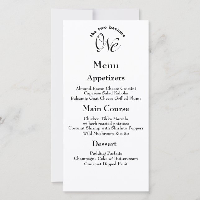 The Two Become One White & Black Wedding Menu (Front)