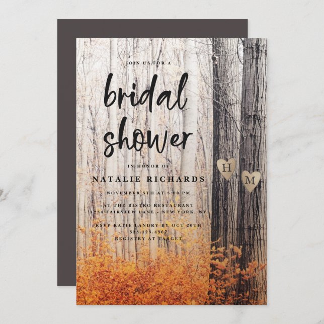 The Two Lovers Carved Trees Fall Bridal Shower Invitation (Front/Back)