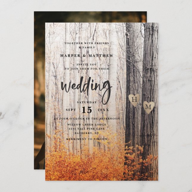 The Two Lovers Carved Trees Fall Forest Wedding Invitation (Front/Back)