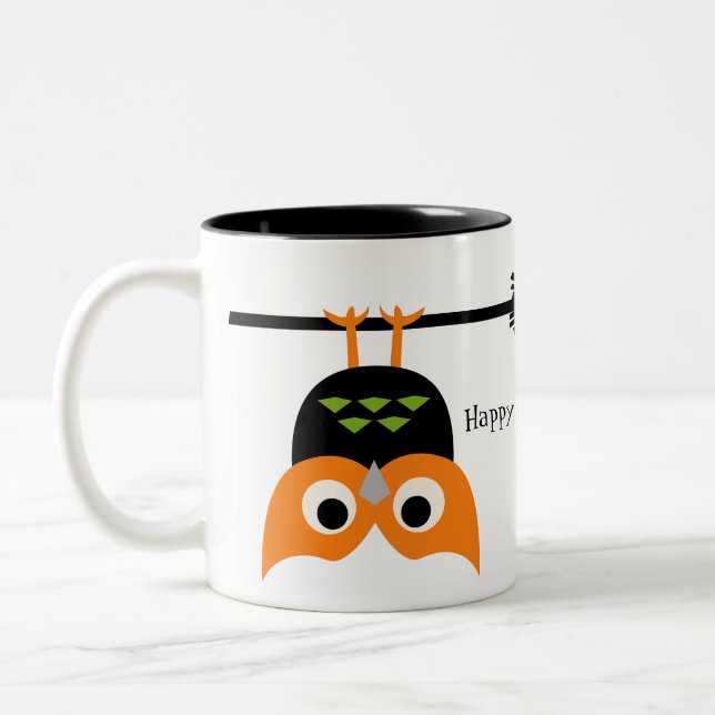 The Upside Down Owl on a Broom Halloween Mug (Left)