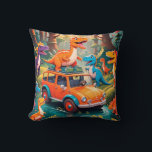 The Velociraptors Family Vacation  Cushion<br><div class="desc">The yellow and blue jalopy cannot make it through the water puddle so,  they get help from other dinosaurs in the forest.</div>