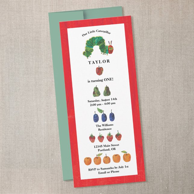 The Very Hungry Caterpillar Fruit Birthday Invitation (Card on table)