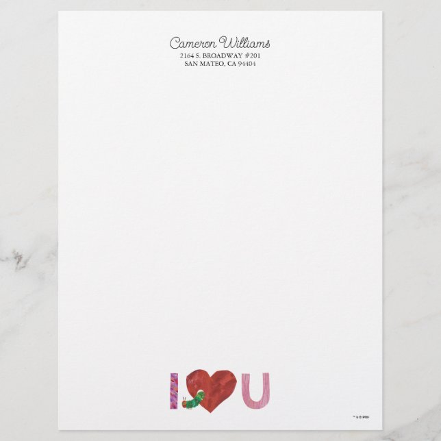 The Very Hungry Caterpillar | I Heart You Custom Letterhead (Front)