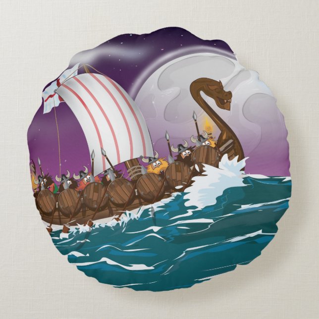 The Viking Ship Cartoon Round Cushion (Back)