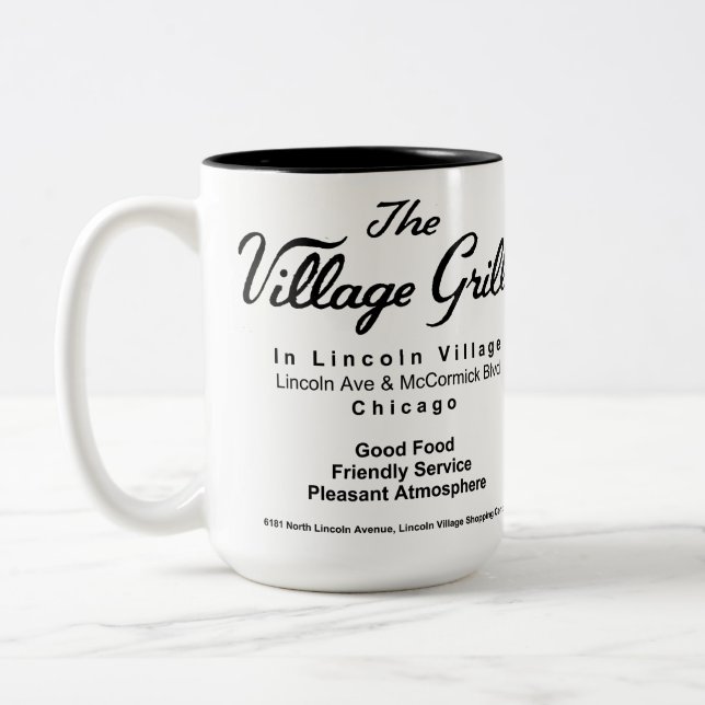 The Village Grill, Lincoln Village, Chicago, IL Two-Tone Coffee Mug (Left)