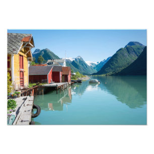 The village of Fjærland and a fjord, Norway print