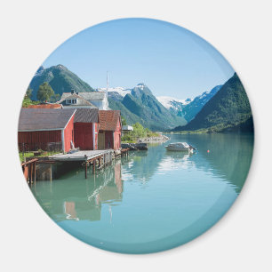 The village of Fjærland and a fjord round magnet