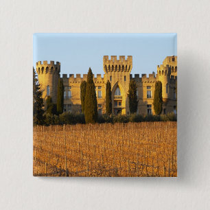 The vineyard with syrah vines and the chateau 15 cm square badge