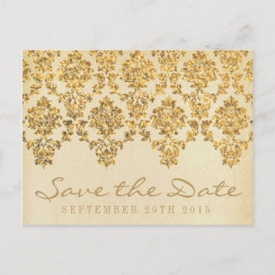 The Vintage Glam Gold Damask Wedding Collection Announcement Postcard