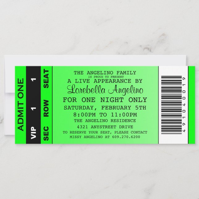 The VIP Ticket Birthday Invitation (Green) (Front)