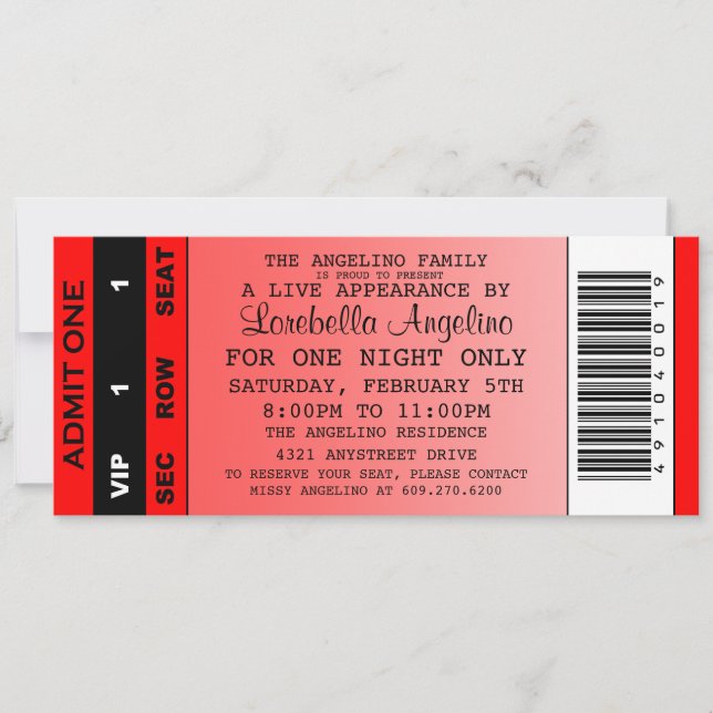 The VIP Ticket Birthday Invitation (Red) (Front)