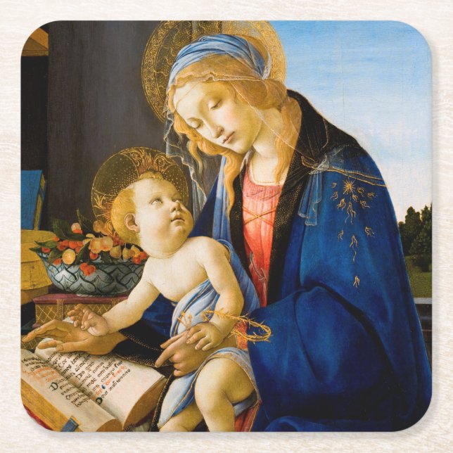 The Virgin and Child, Sandro Botticelli Square Paper Coaster (Front)