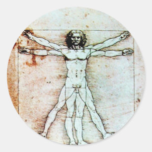 THE VITRUVIAN MAN , Antique Brown Parchment Classic Round Sticker