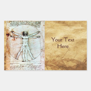 THE VITRUVIAN MAN , Antique Brown Parchment Rectangular Sticker