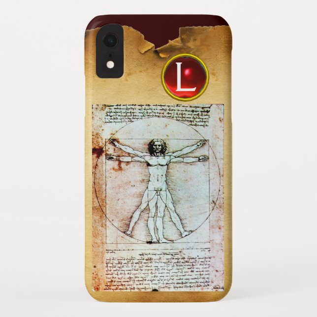 THE VITRUVIAN MAN  Parchment Red Ruby Monogram Case-Mate iPhone Case (Back)