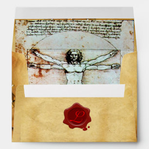 THE VITRUVIAN MAN RED WAX SEAL MONOGRAM ,PARCHMENT ENVELOPE