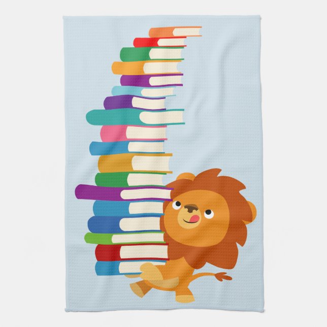 The Voracious Reader (Cute Cartoon Lion) Tea Towel (Vertical)