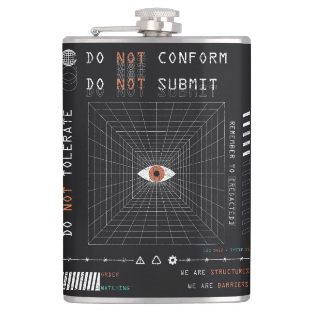 The Watcher - Techno-Brutalist Streetwear Design Hip Flask (Front)