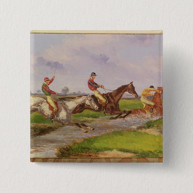The Water Jump: the Autumn Steeplechase at Ballara 15 Cm Square Badge (Front)