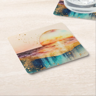 The Watercolor Beach Series Design 3 Square Paper Coaster