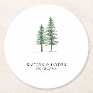 The Watercolor Pine Tree Forest Wedding Collection Round Paper Coaster