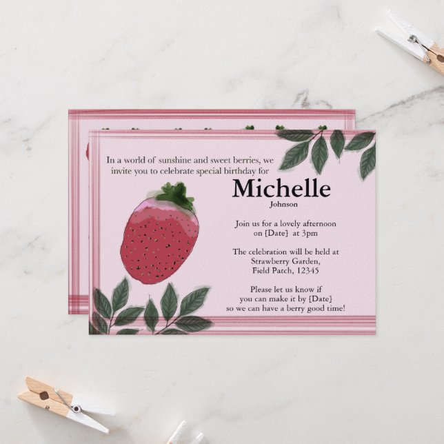 The Watercolor Strawberry Field party invitation (Front/Back In Situ)