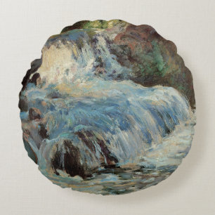 The Waterfall by Twachtman, Vintage Impressionism Round Cushion
