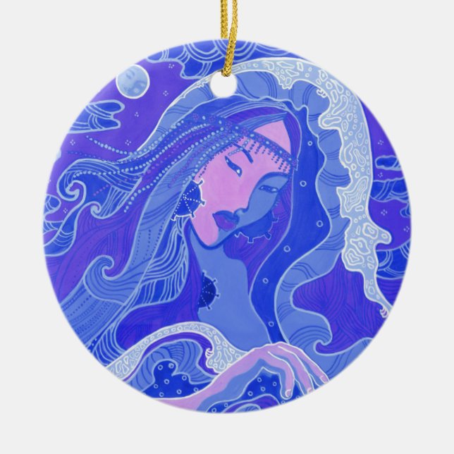 The Wave, Mermaid, Asian Girl, blue & pink Ceramic Tree Decoration (Front)
