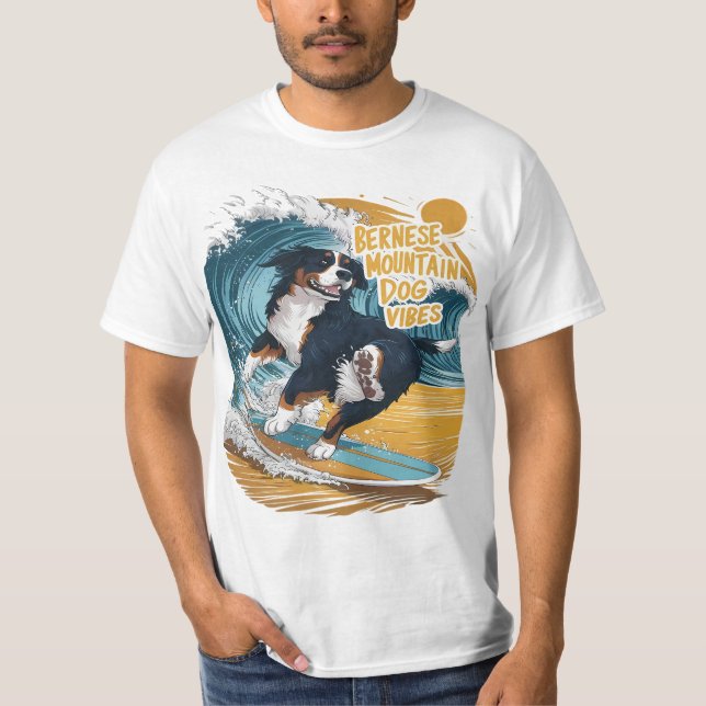 The Wave Rider Bernese Mountain Dog Surfing T-Shirt (Front)
