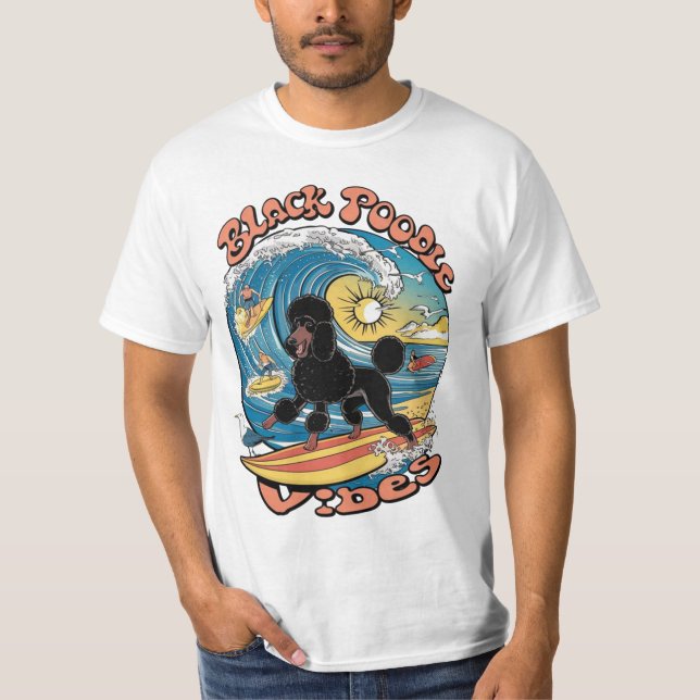 The Wave Rider Surfing Black Poodle T-Shirt (Front)