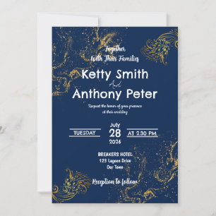 The wedding invitations are dark blue, gold, white