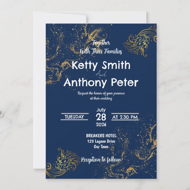 The wedding invitations are dark blue, gold, white (Front)