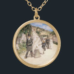 The Wedding March by Robinson, Vintage Newlyweds Gold Plated Necklace<br><div class="desc">The Wedding March (1892) by Theodore Robinson is a vintage impressionism fine art love and romance painting. The bride and groom, a happy newlywed couple, are walking through a quaint town with their wedding party after the ceremony. About the artist: Theodore Robinson (1852-1896) was one of the first American artists...</div>