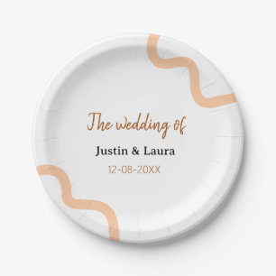 The wedding of add bride groom name date peach paper plate