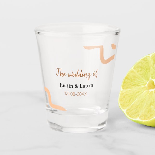 The wedding of add bride groom name date peach shot glass (Front)