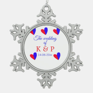 The wedding of add couple name initial letter date snowflake pewter christmas ornament