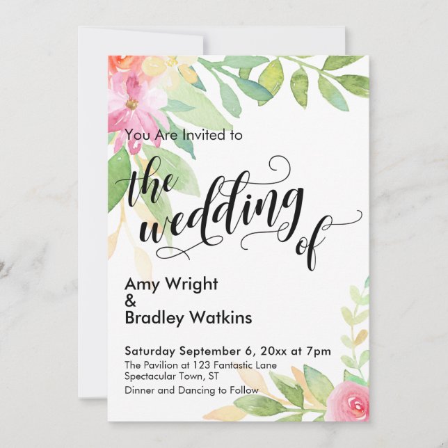 The Wedding of Calligraphy & Watercolor Flowers Invitation (Front)