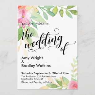 The Wedding of Calligraphy & Watercolor Flowers Invitation