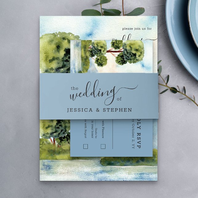 The Wedding Of Elegant Script Plain Blue Invitation Belly Band (Blue Wedding invitation belly band from my Lake Evergreen wedding collection)