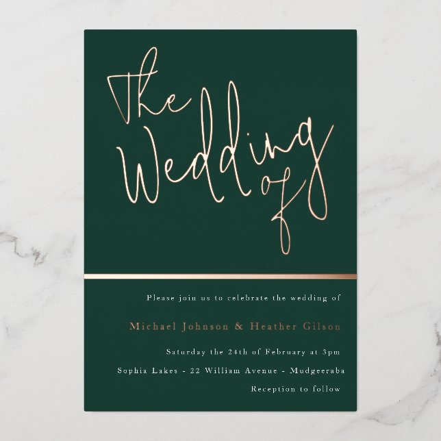 The Wedding of: Emerald Green & Rose Gold Foil Inv (Front)