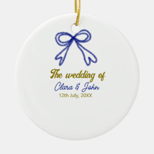 The wedding of gold navy blue bow couple name ceramic tree decoration