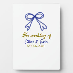 The wedding of gold navy blue bow couple name  plaque