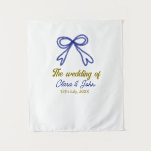 The wedding of gold navy blue bow couple name tapestry