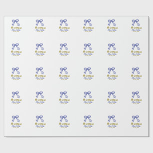 The wedding of gold navy blue bow couple name wrapping paper