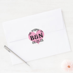 THE WEDDING OF Your Monogram & Date Pink Heart Classic Round Sticker