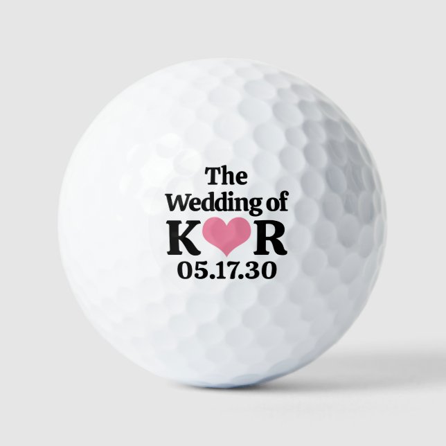 THE WEDDING OF Your Wedding Monogram & Red Heart Golf Balls (Front)