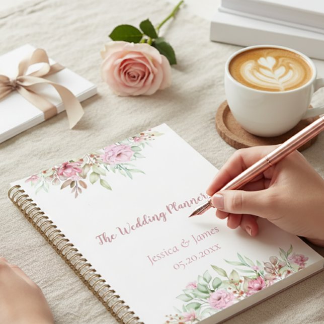 The Wedding Planner, Elegant Floral Sophisticated Planner (Soft lifestyle moment with a spiral planner for journaling and reflection)